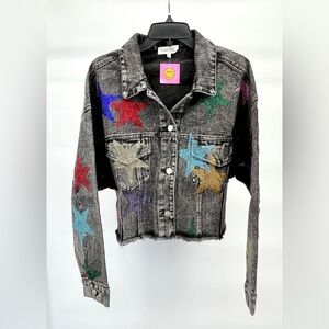 Peach Love California Sold by LALA Star-Studded Denim Jean Jacket Cropped